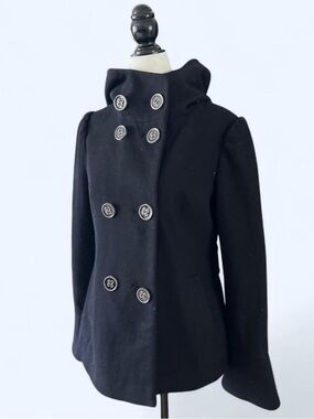 Black Double-Breasted Hooded Wool Coat